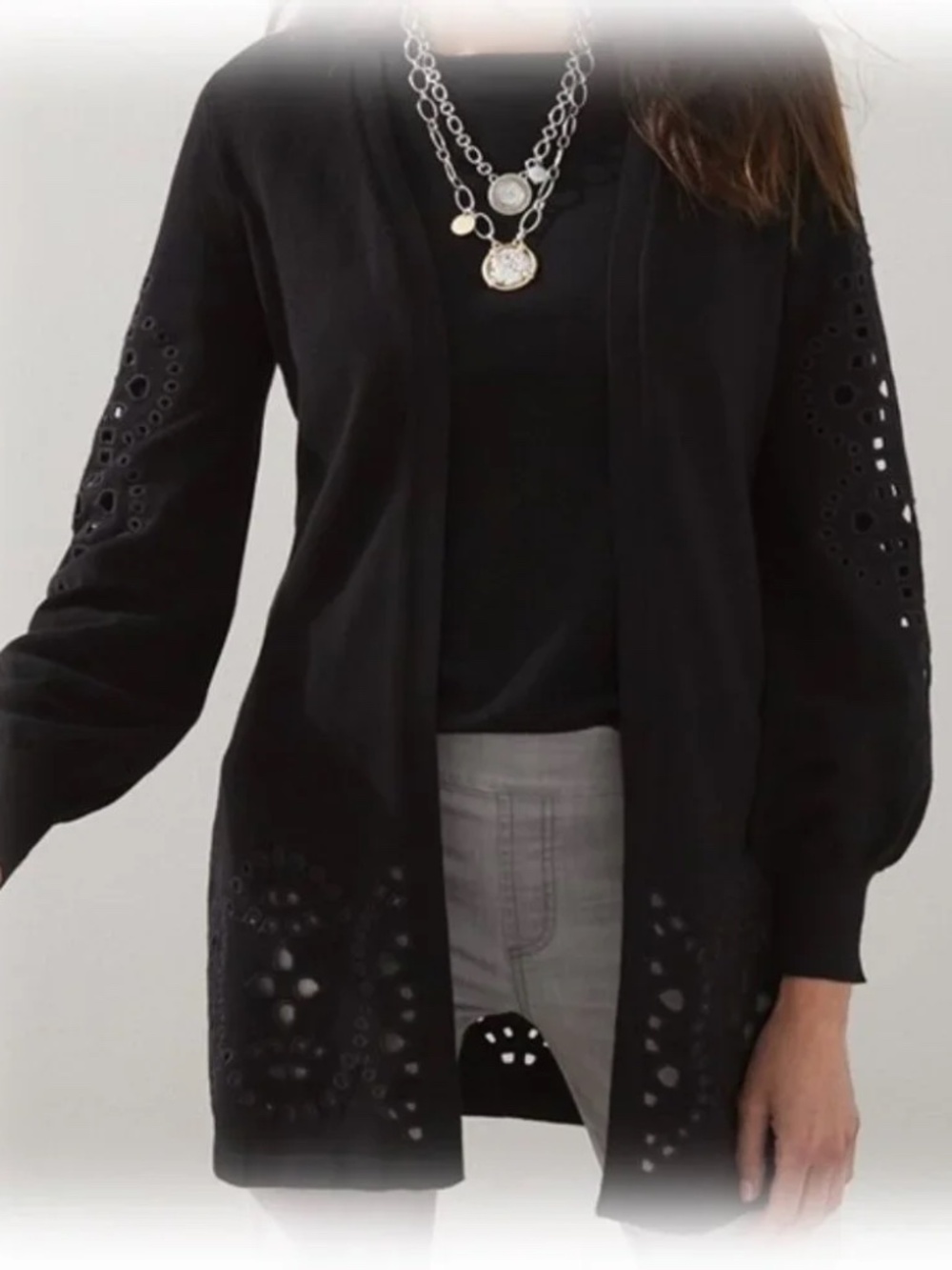 NWT Chico's Gorgeous Black Cotton Knit Cutout Eyelet Long Cardigan Sz 0 US Sz S